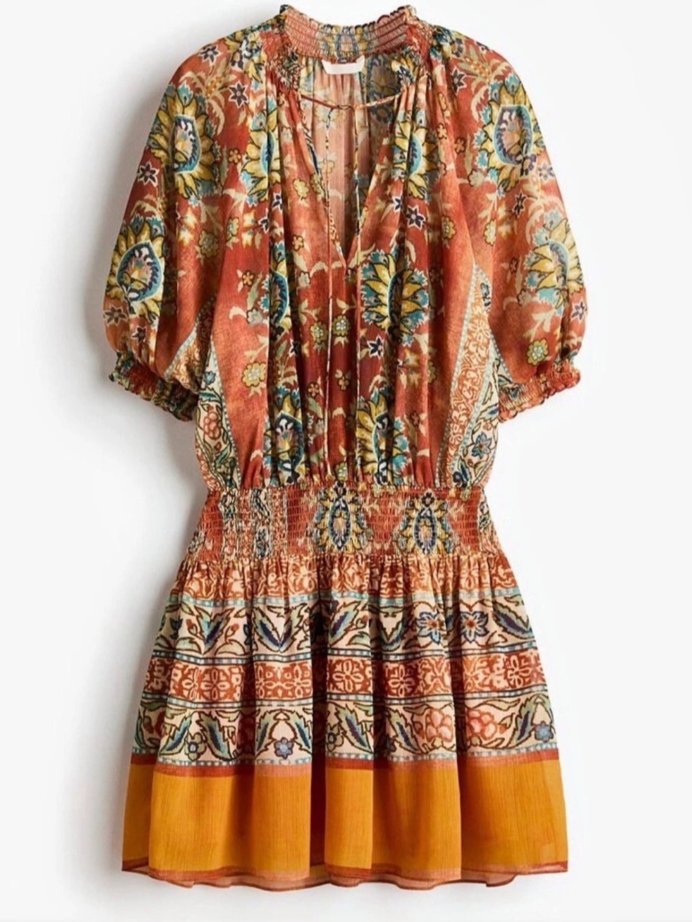 H&M Oversized Tunic Dress Boho Floral Puff Sleeve Mini Dress Orange & Multicolor